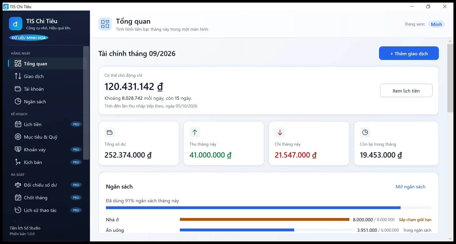 Màn hình tổng quan thu chi của TIS Chi Tiêu