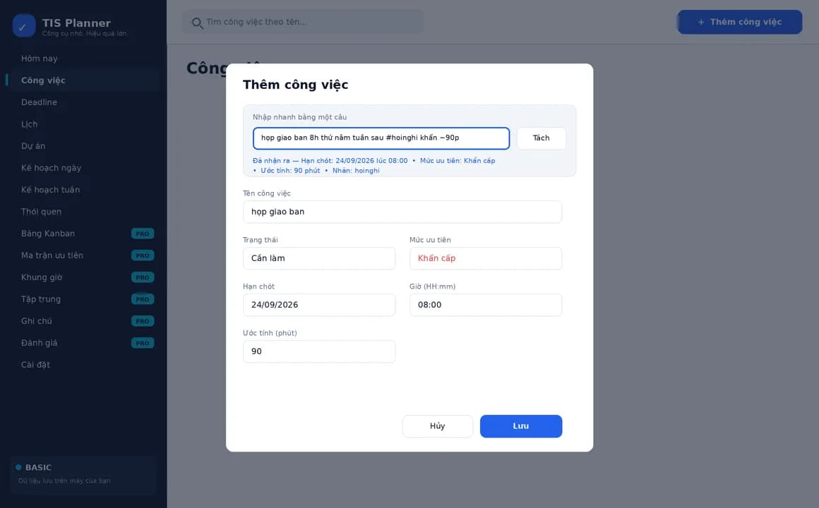 Nhập nhanh công việc bằng câu tiếng Việt