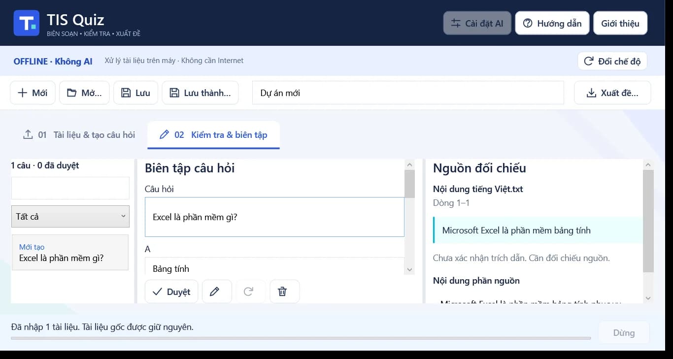 Màn hình đối chiếu nguồn và biên tập câu hỏi