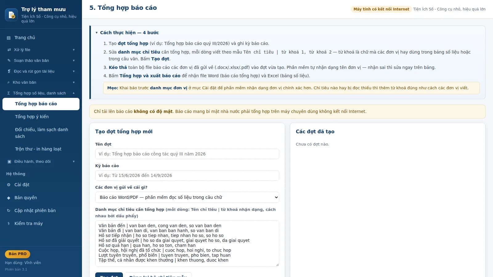 Màn hình tổng hợp báo cáo và ý kiến từ nhiều file
